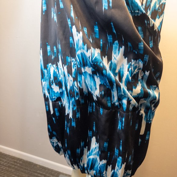 Derek Lam Size Medium Dress Black Blue Surplice Bubble Hem Pockets Faux Wrap - Picture 7 of 12